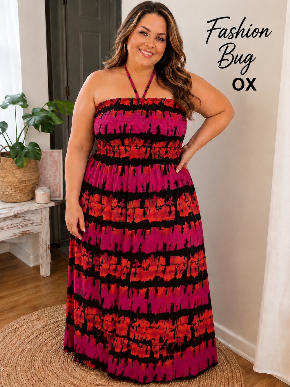 Fashion Bug OX Halter tie Maxi Dress Purple Orange Black Tie Dye Boho Resort